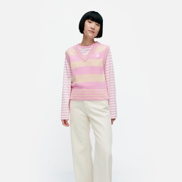 Marimekko Siete Maalis Patja Sweater Vest Size XS NWOT Pink Cream Stripe - Picture 1 of 9
